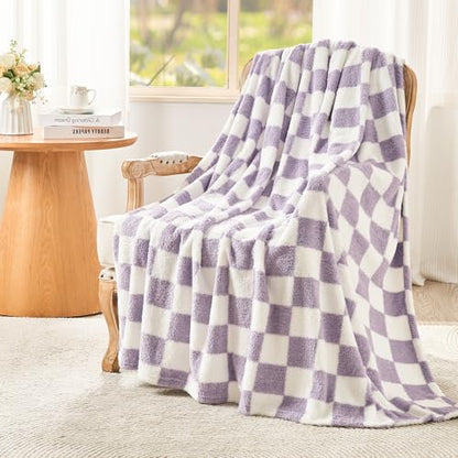 EMME Checkered Blanket Twin Size - 60"x80" Lavender Knit Blanket Soft Fluffy Patterned Throw Blankets for Couch, Sofa, Chair, Bed, Camping, Picnic, Travel - color: 24-checkered Lavender, size: Twin