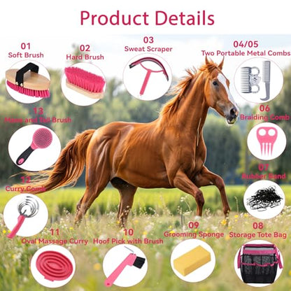 Horse Grooming Kit 13 Piece, Horse Brushes for Grooming Supplies Set (Pink and Blue)