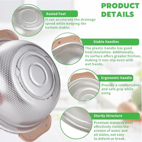 Colander Set with Plastic Handles, Stainless Steel Micro-Perforated Colanders Strainers for Draining Rinsing Washing, Ideal for Pasta Vegetables Fruits, Heavy Duty & Dishwasher Safe - color: Khaki