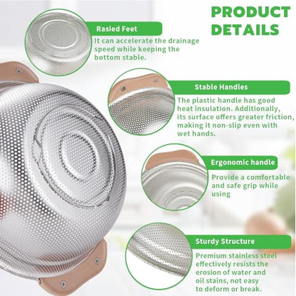Colander Set with Plastic Handles, Stainless Steel Micro-Perforated Colanders Strainers for Draining Rinsing Washing, Ideal for Pasta Vegetables Fruits, Heavy Duty & Dishwasher Safe - color: Khaki