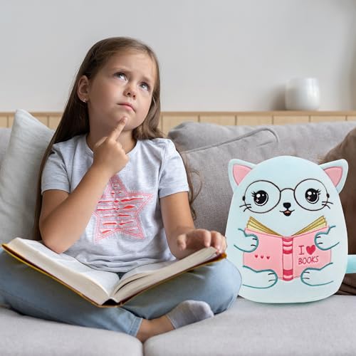 Cute Cat Stuffed Animal: 8 Inch Blue Cat Book Lover Gifts Soft Reading Buddies Plush Toy, Plushie Pillow Gifts for Kids Girls Boys, Bookworm Classroom Decor - style: Book Lover Cat