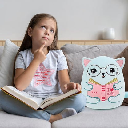 Cute Cat Stuffed Animal: 8 Inch Blue Cat Book Lover Gifts Soft Reading Buddies Plush Toy, Plushie Pillow Gifts for Kids Girls Boys, Bookworm Classroom Decor - style: Book Lover Cat