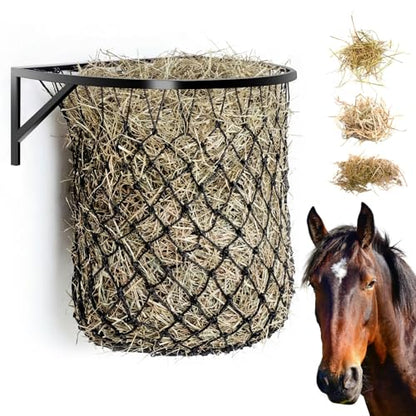 Yaocom 1 Set Wall Mount Hay Feeder with Net Large Capacity Black Metal Frame with Slow Feed Hay Net Open-top for Horses Goats