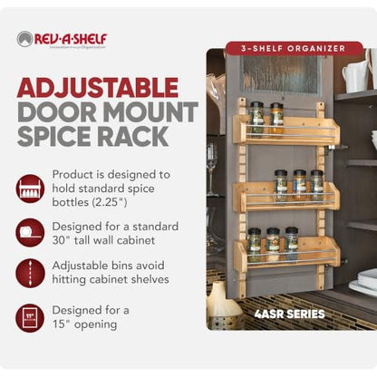 Rev-A-Shelf Pullout Wall Storage Organizer for Kitchen Cabinets, Sliding Door Mounted Spice Rack with 3 Adjustable Shelves, Maple Wood, 4ASR-18 - size: 13.13" W
