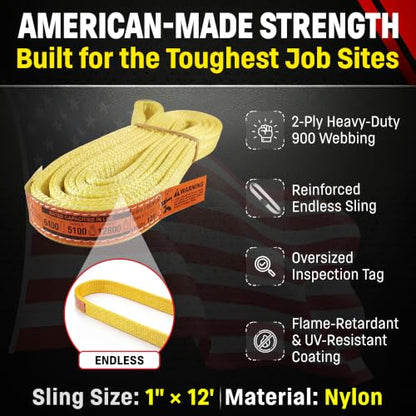 DD Sling (USA Made) 1" & 2" Widths by 4' to 30' Lengths In Listing, 2 Ply, Endless Nylon Lifting Slings, 6,400 lbs Vert, 5,100 lbs Choker, 12,800 lbs Basket (1"x12') | 6,400 lb Vertical, 5,100 lb Choker, 12,800 lb Basket – 2 Ply Heavy Duty 900 Webbing, Ty