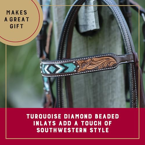 Weaver Equine Turquoise Diamond Beaded Horse Headstall, Leather Headstalls for Horses for Trail Riding, Durable Equine Supplies, Dark Oil