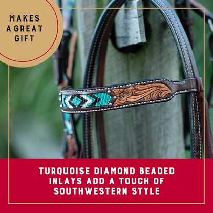 Weaver Equine Turquoise Diamond Beaded Horse Headstall, Leather Headstalls for Horses for Trail Riding, Durable Equine Supplies, Dark Oil