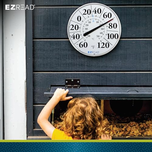 EZREAD Hanging Dial Thermometer 840-1210 Weather Thermometers for Indoor and Outdoor Use, Large 12.5 Inch Diameter, Easy to Read Numbers, Basic White - color: White