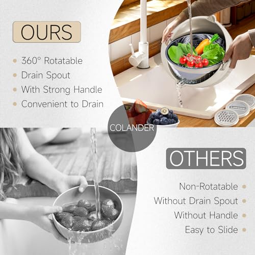 4-1 Colander with Bowl & Spoons Set - Rotatable Colander for kitchen with New Upgraded Graters, Food Strainer(Patented) for Pasta, Fruits, Vegetables, Funny Presents for Women, Beige - color: Beige