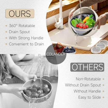 4-1 Colander with Bowl & Spoons Set - Rotatable Colander for kitchen with New Upgraded Graters, Food Strainer(Patented) for Pasta, Fruits, Vegetables, Funny Presents for Women, Beige - color: Beige