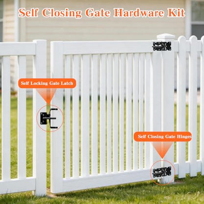 Self Closing Gate Hinge and Latch Kit for Vinyl & Wood Fence Gates, Heavy Duty Gate Hardware Kit with Self Locking Latch, Adjustable Hinges, Installation Screws Included, 2 Latches & 4 Hinges - size: 3.9'4'(L)x