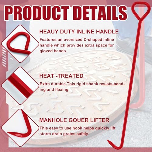 Therwen 1 Pcs Manhole Cover Hook 36 Inch with 5/8" Hex Alloy Steel Rigid Heavy Duty Manhole Cover Lifter with Inline Handle for Lid Puller Moving(Red) - color: Red, size: 36 Inch