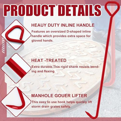 Therwen 1 Pcs Manhole Cover Hook 36 Inch with 5/8" Hex Alloy Steel Rigid Heavy Duty Manhole Cover Lifter with Inline Handle for Lid Puller Moving(Red) - color: Red, size: 36 Inch