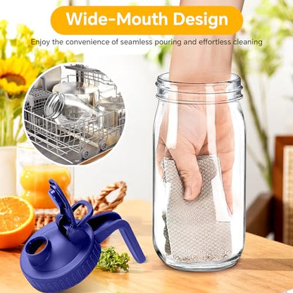 64oz Glass Mason Jar Pitcher with Lid, 2qt Breast Milk Pitcher with Spout - color: 64 OZ Blue