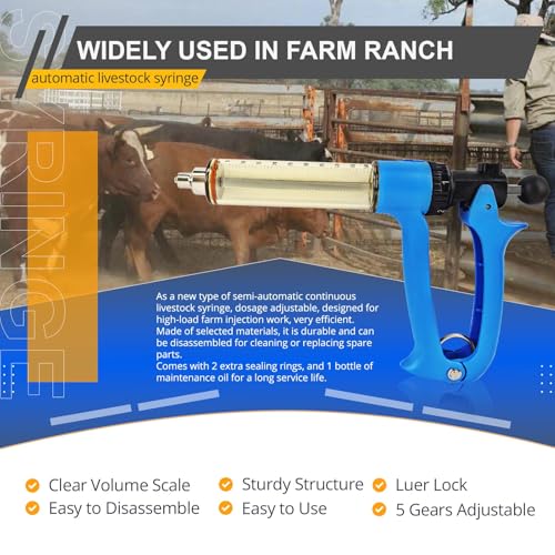 2-Piece Set, 50cc Semi Automatic Livestock Syringe, 5 Gears Adjustable Continuous Repeating Injection, Veterinary Cattle Vaccine Luer Lock Syringe, for Cow Goat Cattle Horse Sheep Pig Poultry - size: 1-Tube 2Pcs 50ml