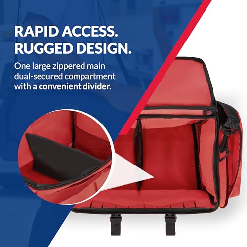 First Responder Trauma First Aid Kit Bag – Fully Stocked Emergency Medical Kit for Workplace, Vehicle & Home – OSHA & ANSI Compliant – Portable – Red - color: Red