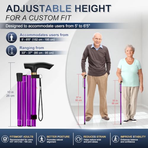 supregear Folding Cane, 5-Level Adjustable Height Walking Stick Lightweight Collapsible Portable Travel Cane with Wrist Strap and T Handle for Elderly Disabled Men Women - color: Purple
