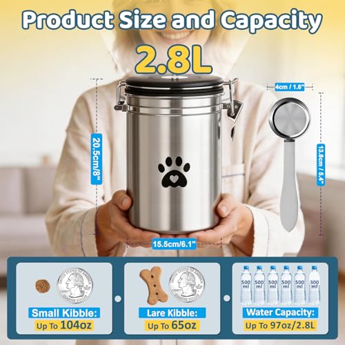 ENONCI Airtight Dog Treat Canister, 304 Stainless Steel Food Storage Jar with Date Dial Silver-2.8L - color: Silver, size: 2.8l