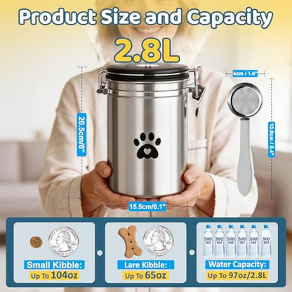 ENONCI Airtight Dog Treat Canister, 304 Stainless Steel Food Storage Jar with Date Dial Silver-2.8L - color: Silver, size: 2.8l