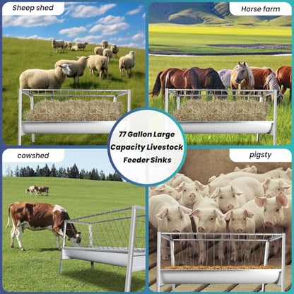 Goat Feeder 2 in 1 Hay Feeder System, 55 Gallon Goat Hay Feeder with 22 Gal Grain Pan, Heavy-Duty Livestock Hay Feeder for Pasture Use (Galvanizing, 1)