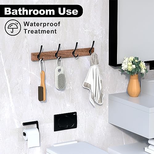 17 Inch Walnut Wood Wall Mounted Coat Rack with 4 Black Double Hooks, Adhesive Mounted Entryway Hooks, Modern Natural Wooden Pegs for Hanging Coat Clothes Hat Bag Purse Key and Towel - color: Coat Rack with 4 Black Hooks