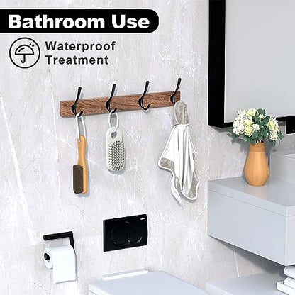 17 Inch Walnut Wood Wall Mounted Coat Rack with 4 Black Double Hooks, Adhesive Mounted Entryway Hooks, Modern Natural Wooden Pegs for Hanging Coat Clothes Hat Bag Purse Key and Towel - color: Coat Rack with 4 Black Hooks