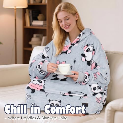Catalonia Oversized Blanket Hoodie, Panda Print Fleece Wearable Blanket - color: Girl Panda Grey