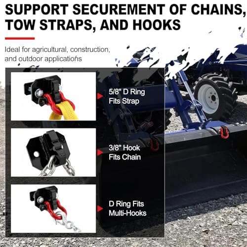 3/8" Tractor Bucket Grab Hook with 5/8" Tie Down D-Ring Shackle | 2-Pack,Bolt-On Tow Hook Mount with Backer Plate,Heavy Duty Carbon Steel,10,000 lbs,Compatible with Tractors,Loaders,Trailers - color: Black & Red