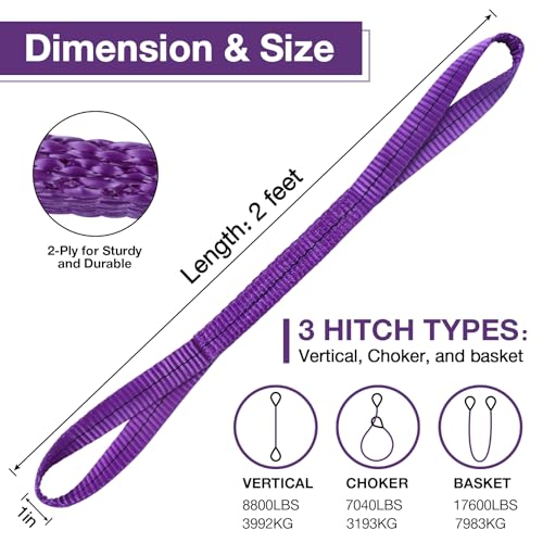 Lift Sling Straps,1" x 2' 2-Ply Heavy Duty Flat Eye Lift Slings 2P | Polyester Lifting Strap Nylon Tree Saver Recovery Strap Web Sling Rigging Moving Tow Hoist Gear Straps 3200lb 2600lb 6400lb - color: Purple, size: 1" x 2' (2 pack)