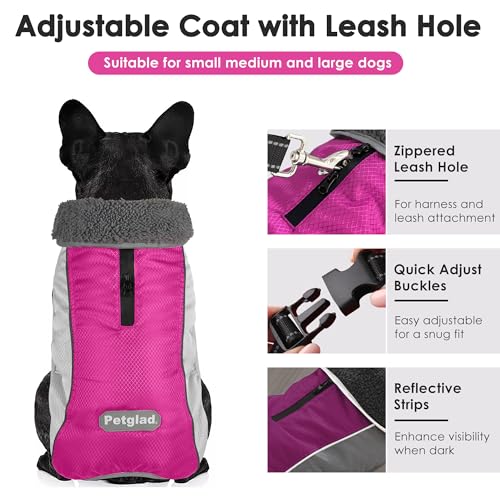 Petglad Dog Coat, Waterproof Ripstop Dog Winter Jacket with Leash Hole, Reflective Adjustable Warm Pet Fleece Snow Sweater for Small Medium Large Dogs - Rosy Red, XL - color: Rosy Red, size: XL
