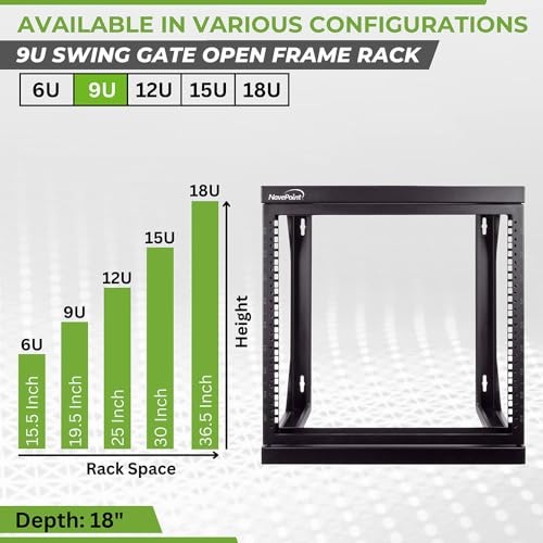 NavePoint 9U Open-Frame Server Rack for 19" IT Network Equipment & A/V Devices Free Standing or Wall Mount with 180 Degrees Gate Swing, Black - size: 9U - 18in Deep