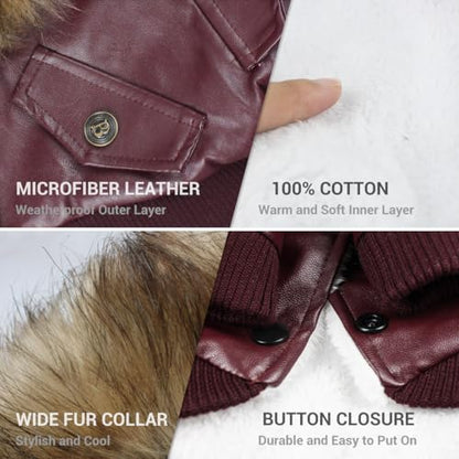 LESYPET Dog Leather Jacket for Small Dogs, Waterproof Dog Winter Jacket Puppy Coat with Fleece Lined, Ultra Warm Fur Collar Doggie Coat, Red M - color: Wine Red, size: Medium