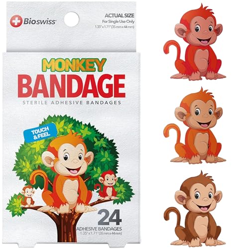 BioSwiss Bandages, Monkey Shaped Self Adhesive Bandage Set, Latex Free, Sterile Wound Care, 24 Count - size: 24-Count Box, style: Monkey