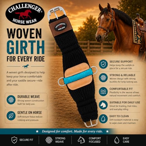 CHALLENGER Western 27-Strand Double Weave Black Mohair Roper Cinch 97RT08 - color: Black Turquoise, size: 24"