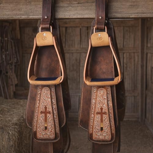CHALLENGER Horse Saddle Stirrups Western Lightweight Aluminum Engraved Cross Cut-Out 51211 - color: Cross Bronze