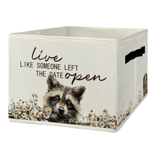 Rustic Raccoon Storage Bins & Boxes with Handles, Farmhouse Raccoon Foldable Basket for Organizing, Live Like Someone Left the Gate Open Collapsible Storage Basket for Bedroom Bathroom Clothes - color: Raccoon