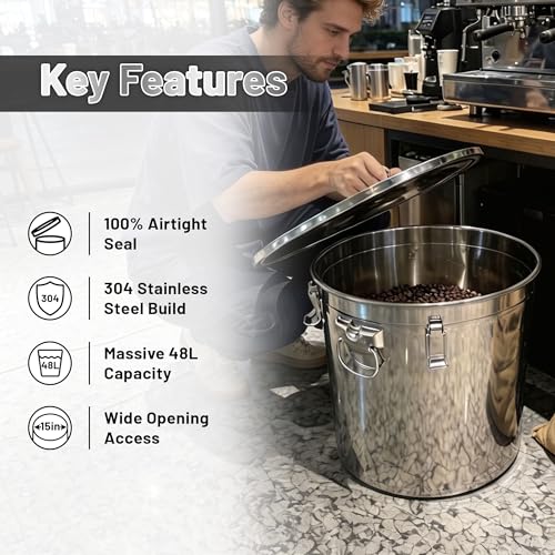 304 Stainless Steel Extra Large Rice Storage Container 12.7Gal/48L Airtight Canister with Locking Lid & Buckle, Food Grade Sealed Bucket Holds 40-90Lbs for Rice, Flour, Grain - size: 48L