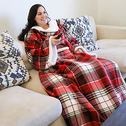 Catalonia Sherpa Wearable Blanket with Sleeves and Pocket for Adults - color: Red Plaid, size: Standard Pocket