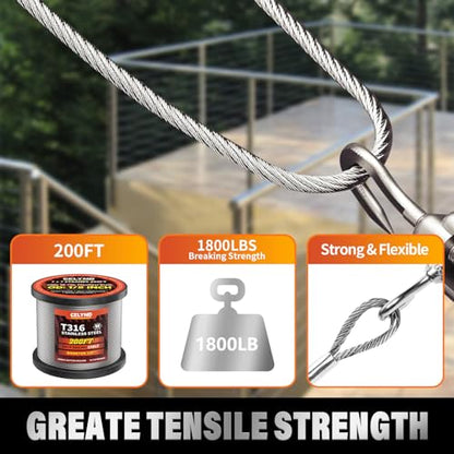Stainless Steel Cable for Railing - 200FT 1/8" T316 Wire Rope Cable - size: 200FT