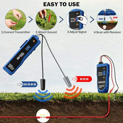 Underground Wire Locator & Cable Tester – 4FT Depth, 2000FT Range, Rechargeable 1100mAh Battery, with Earphone for Fast Break/Short Detection of Dog Fence, Control Wires & Irrigation Cables - color: Blue