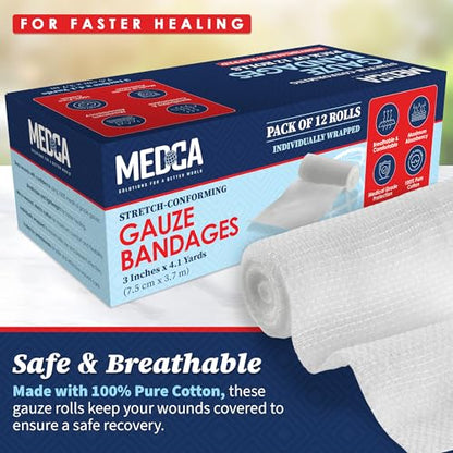 MEDca Gauze Bandage Rolls - (12 Pack) 3 in x 4.1 Yards Per Roll, Medical Grade Stretch Wrapping for Dressing All Types of Wounds and First Aid Kit (3-Inch, 12 Pcs)