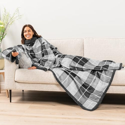 PAVILIA Sherpa Wearable Blanket with Sleeves and Pocket, Plush Thick Cozy Body Blanket Wrap for Adult Women Men, Christmas Gift for Wife Mom, Plaid Grey - color: Plaid Charcoal