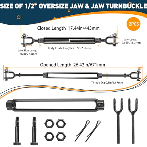1/2" Cable Turnbuckle, Black Jaw and Jaw Turnbuckles - 2205 lbs WLL - size: 2 Pcs 1/2” x 17.4”