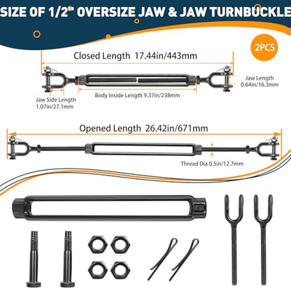 1/2" Cable Turnbuckle, Black Jaw and Jaw Turnbuckles - 2205 lbs WLL - size: 2 Pcs 1/2” x 17.4”