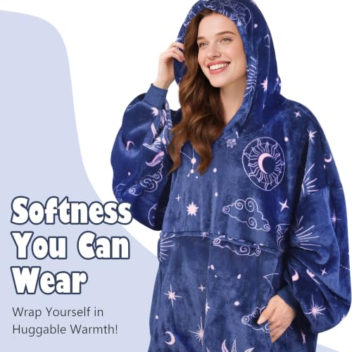 Catalonia Oversized Blanket Hoodie, Astrology Print Fleece Wearable Blanket - color: Astrology Navy