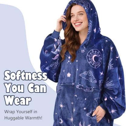 Catalonia Oversized Blanket Hoodie, Astrology Print Fleece Wearable Blanket - color: Astrology Navy