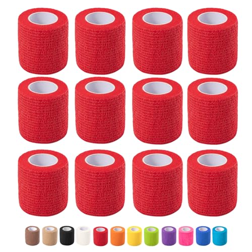 12 Pack Self Adhesive Bandage Wrap, 2 in x 5 Yards Vet Wrap Tape, Red | Non-Woven Self Adherent Cohesive Bandage for Thumb, Finger, Wrist, Knee, Ankle - color: Red