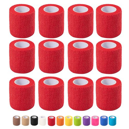 12 Pack Self Adhesive Bandage Wrap, 2 in x 5 Yards Vet Wrap Tape, Red | Non-Woven Self Adherent Cohesive Bandage for Thumb, Finger, Wrist, Knee, Ankle - color: Red