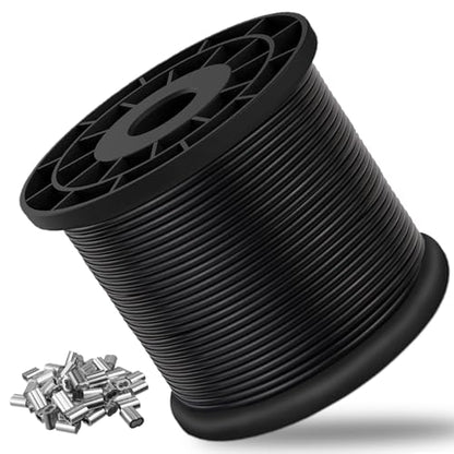 Vinyl Coated Wire Rope 304 Stainless Steel Coated Wire Cable-Black, 1/16" OD to 3/32" x 500FT, with 200 Pcs Crimping Sleeves-Cable for String Lights, Suitable for Clotheslines - size: 500FT