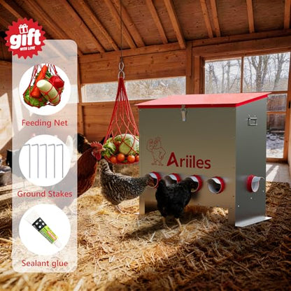 100lb Automatic Chicken Feeder with 6 No-Waste Ports, Metal Poultry Feeder with Elevated Stand & Weatherproof Lid, Large Feed Dispenser for Chickens, Ducks & Backyard Poultry - size: 100 LB